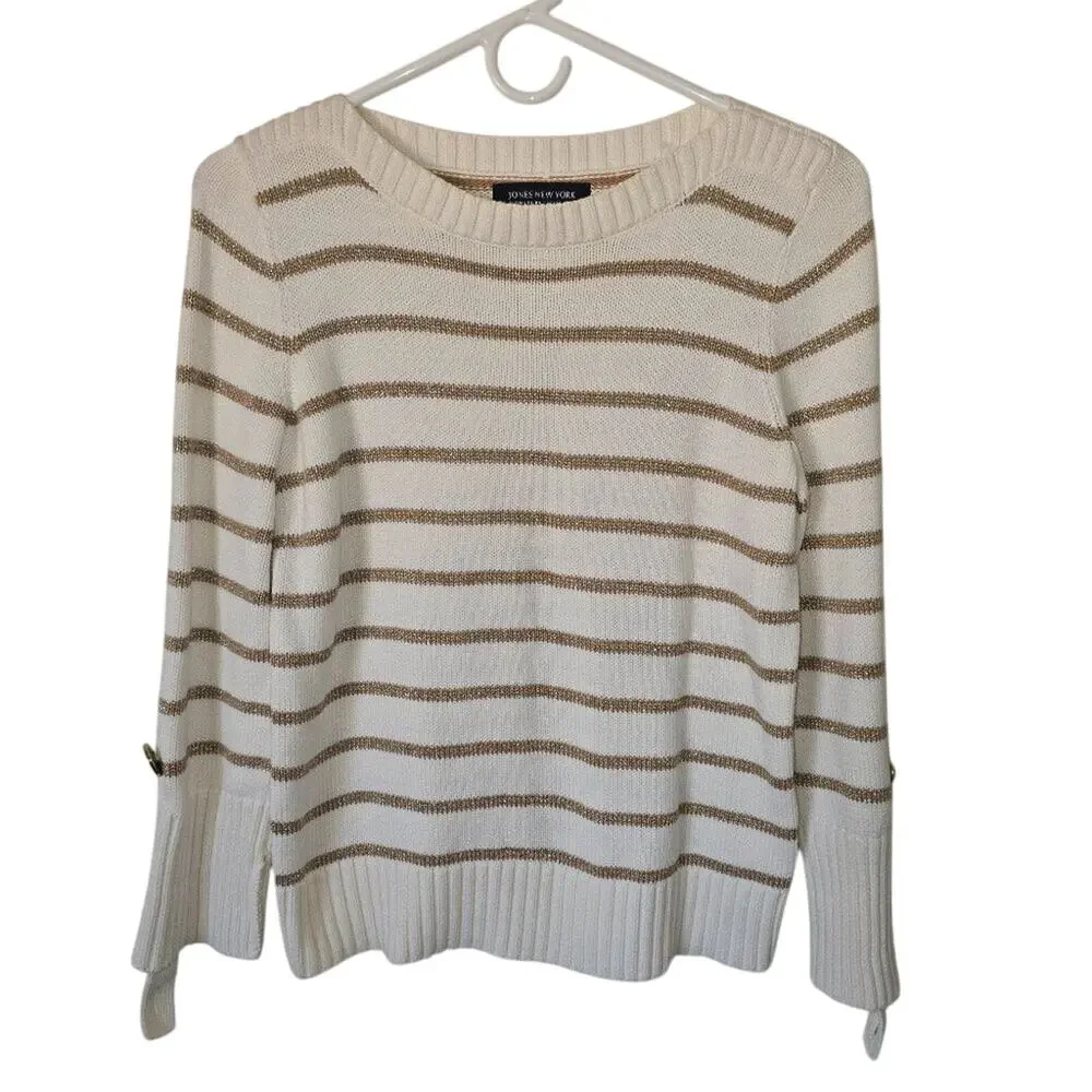 Jones New York Cream Gold Striped Shiny Crew Neck Sweater Petite Medium